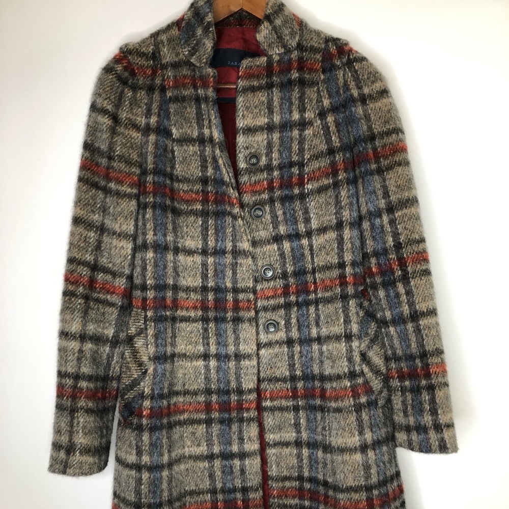 Zara Long Plaid Wool Coat